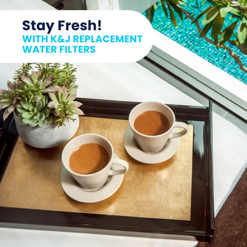 Two cups of coffee on a tray, indoor setting, succulent plant beside. 12 Pack Universal Replacement Filters For Coffee Machines Using K Cups