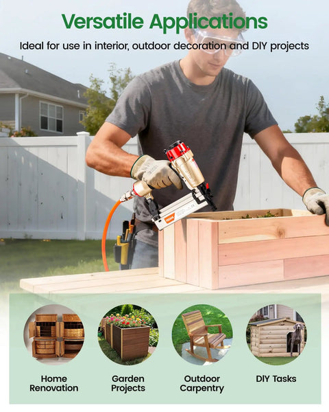 No Sweat 18 Gauge Two In One Pneumatic Nail Gun And Staple Gun Combo used in DIY project for constructing wooden box outdoors.