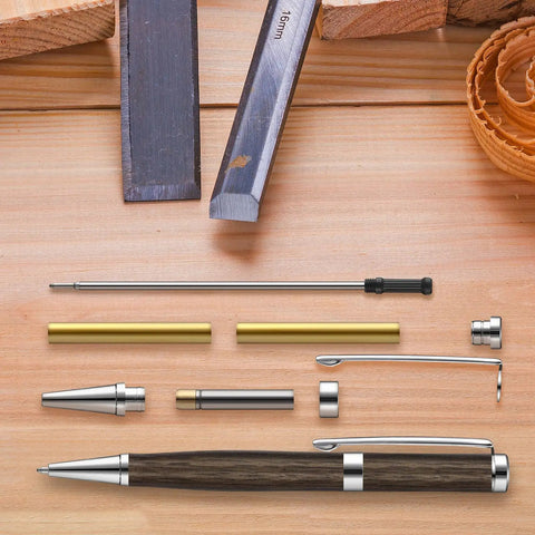 Knockout Twenty Piece 7Mm Slimline Twist Pen Kit With Shiny Silver Refills showing tools, parts, and finished pen on wood surface.