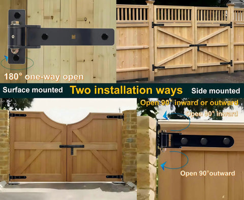 13 Inch Beefy Heavy Duty Gate Hinges With 900 Lb Capacity And Smooth Opening At 180 Or 90 Degrees Extended Strap Bracket on wooden gate