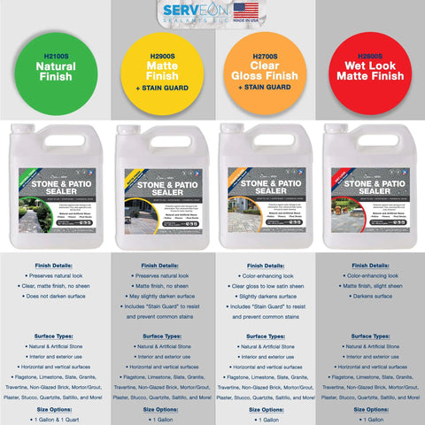 Top Shelf Natural Stone Sealer One Gallon Clear Finish in four variants for stone and patio protection indoors outdoors.