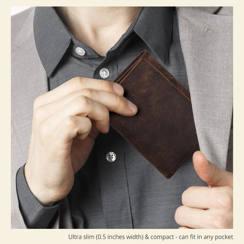Man placing Mens Trifold Leather Wallet With RFID Blocking Slim Minimalist Front Pocket Dope Look Real Leather into pocket