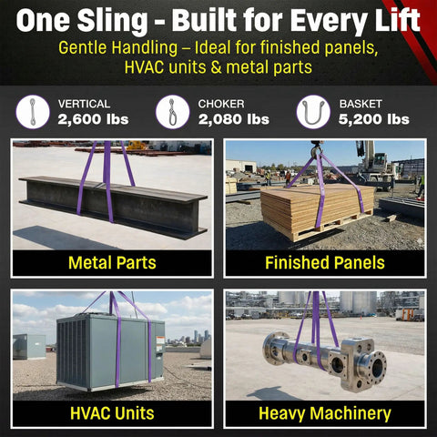 Rock Solid 6 Foot Purple Round Polyester Lifting Sling Rated At 2600 Lbs Vertical And 2080 Lbs Choker Capacity Built Damn Tough For Heavy Industrial Jobs Made Legit Stateside lifting metal parts, finished panels, HVAC units, and heavy machinery.
