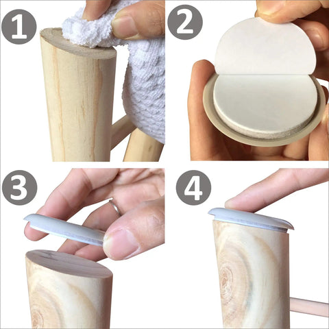 Installation steps of Self Adhesive Furniture Sliders For Carpet, 40 Pack Moving Pads on wooden furniture legs.