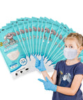 Child showing Kids KF94 Face Mask For Protection White 20 Pack Made In Korea, wearing one mask for demonstration.