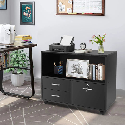 Slick Three Drawer File Cabinet With Secure Lock, Smooth Rollin Office Storage Unit Packed With Handy Shelves And Tough Printer Stand, Matte Black Build With No Sweat Assembly in office setting.