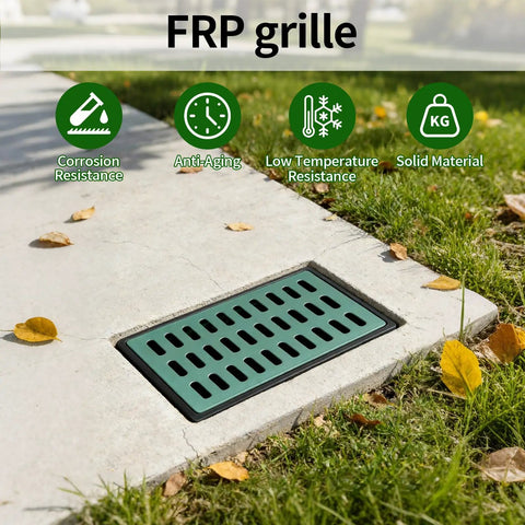 Square Catch Basin With Fiberglass Grate And Debris Basket 26x18x24 Inch installed in a yard with concrete surrounding.