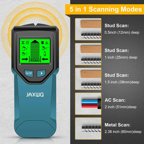 Smooth Operator 5 In 1 Wall Scanner And Stud Detector With Smart Chip Technology HD LCD display showing scanning modes and depths.