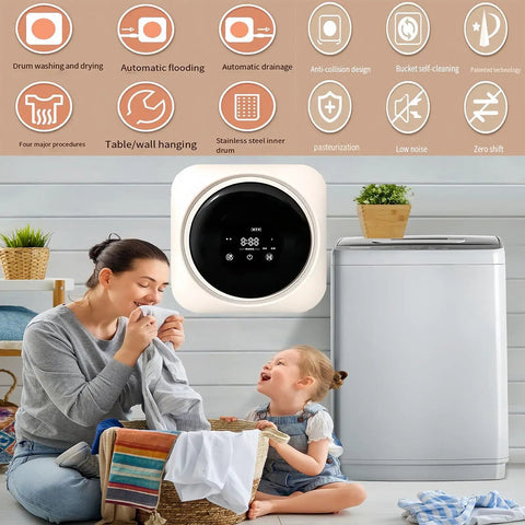 Compact 2 In 1 Washer And Dryer 3.5 Liter Front Load Machine shown in home setting with family, displaying LCD panel and laundry.