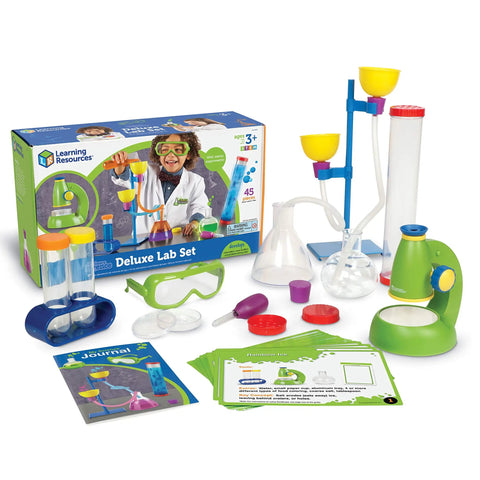 Primary Science Deluxe Lab Kit For Kids 45 Piece Preschool STEM Toys Set with colorful flasks, test tubes, and activity cards