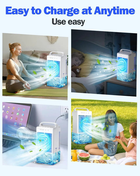 4 In 1 Mini Air Conditioner Fan And Evaporative Cooler With Handle in various settings: indoor, bedroom, office, and outdoors.