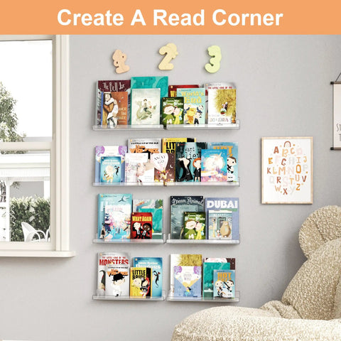 Upgrade Your Space With This 16 Pack 15 Inch Clear Acrylic Wall Shelf Set Floating Storage Organizers For Bedroom Closet Bathroom Solid Space Savers That Stack Up Your Gear Without The Clutter Or Mess - Wall-mounted clear shelves displaying children's books.