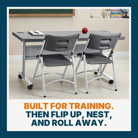 Pro Grade Nesting Flip Top Training Table With Blow Molded 1.75 Inch Thick Surface, Steel Frame, and two chairs