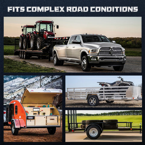 Collage of trailers and towing gear: pickup with trailer, tractors, teardrop camper, utility trailer, equipment trailer.