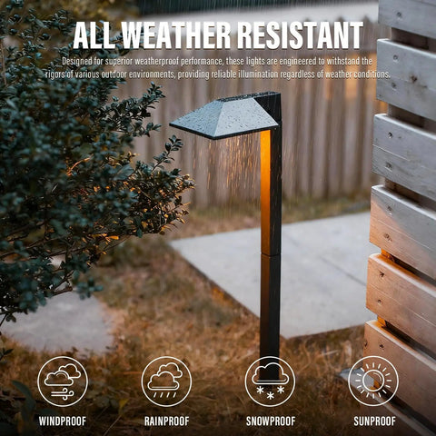 4 Pack 12V Outdoor Landscape Pathway Lighting Kit With 0.6W LED, 3100K Warm White, Adjustable Riser, wet from rain, side view