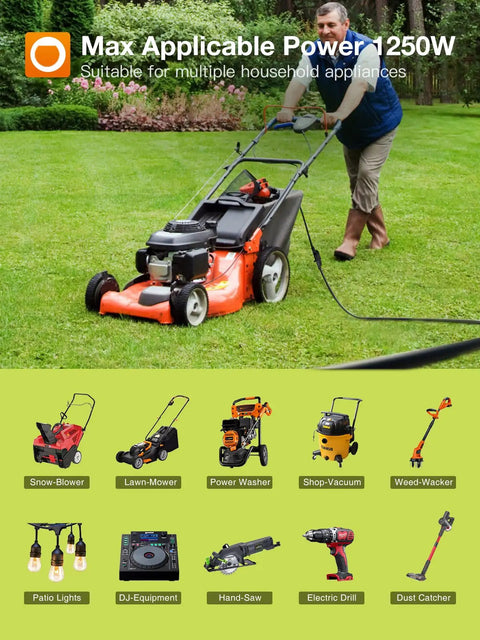 Man using lawn mower with 100 Ft Outdoor Extension Cord Waterproof And All Weather 16 Gauge 3 Prong Copper Plug