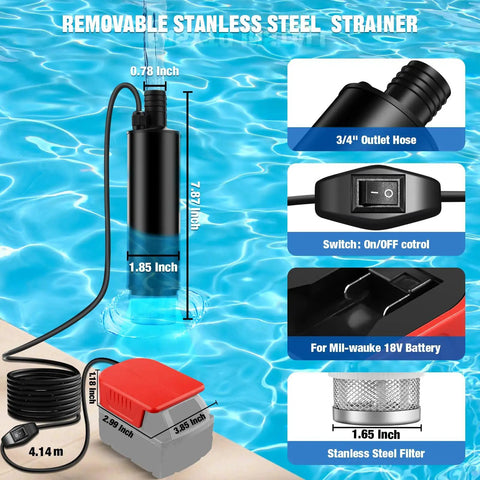Diagram of Cordless Submersible Water Pump With 18V M18 Battery Compatibility 635GPH showing dimensions and features.