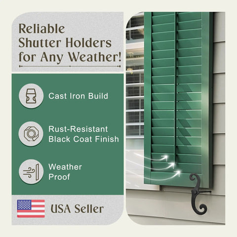6 Pack 6.5 Inch S Style Cast Iron Shutter Dogs With Rust Resistant Powder Coated Finish mounted on green shutters