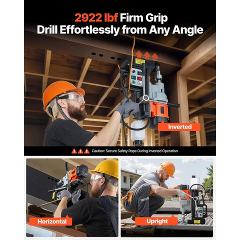 Operator using Heavy Duty Magnetic Drill Press 1550W to drill at different angles with firm grip and safety features.