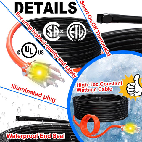 HEATIT pipe heating cable, front view, 6 ft, 7 W/ft, 120V, black with orange plug