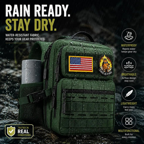 9L Mini Tactical Backpack For Men And Women outdoors, rain-soaked waterproof 1000D Oxford fabric, 180° compartment, patches visible.