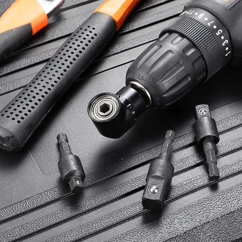 Beefed Up Workhorse 4 Piece Power Drill Socket Adapter Set with 360 Degree Rotating Sockets on a black surface