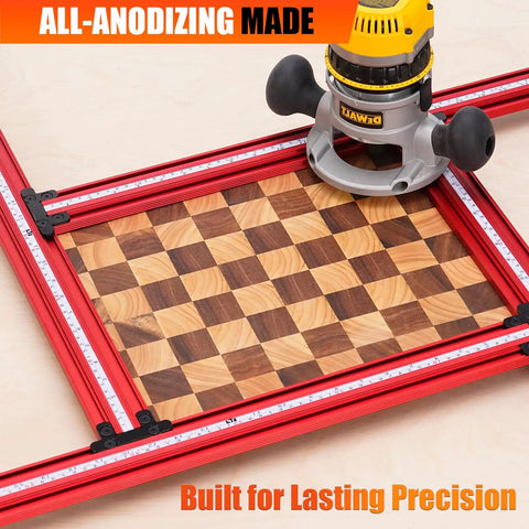 Adjustable Router Jig For Game Changing Woodworking, Straight Shot Juice Groove Template With Anodized Aluminum Rail in use on a chessboard.