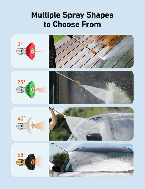 Short Pressure Washer Gun With Swivel, 4060 PSI Max, Four Nozzles, illustrating different spray shapes on surfaces
