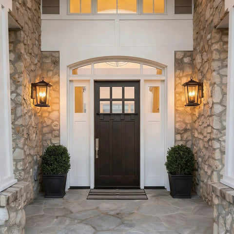 Rugged Outdoor Wall Lantern For Porches And Patios, Weatherproof Aluminum Sconce With Clear Glass Shade beside entrance doors