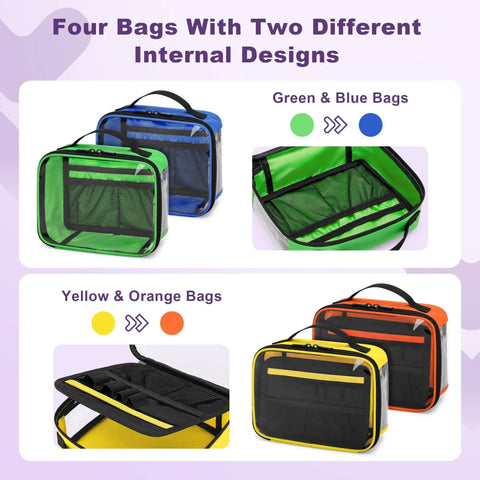 Four Pack Color Coded Clear Zip Pouches For First Aid Kit Organization See Through Medical Storage Bags, green, blue, yellow, orange.