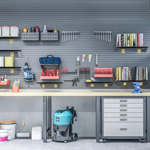 Slick Gold Finish Stainless Steel L Brackets Four Pack supporting floating shelves with organized tools in a modern garage workspace.