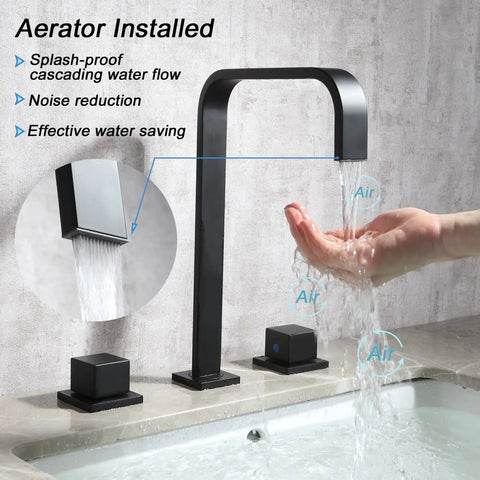 Roman Tub Faucet With 2 Handles Deck Mount High Flow Bath Faucet Matte Black, showing water flow from aerated spout