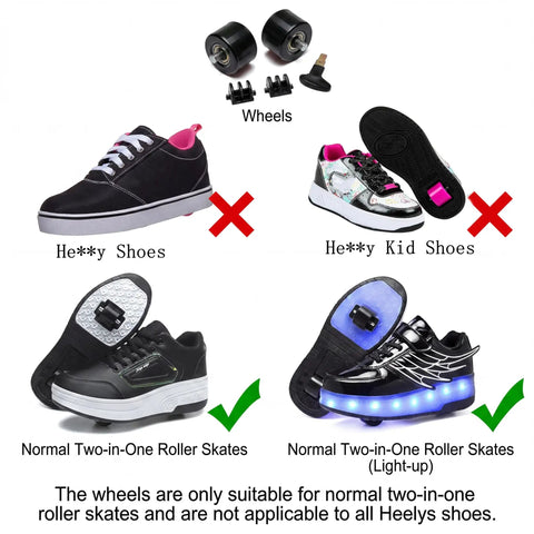 Upgrade Your Rides With Fresh Replacement Wheels For 2 In 1 Roller Skates Featuring Sick ABEC 5 Bearings This Complete Repair Kit Comes With Cover Plates And Tool Perfect For Kids Who Want A Smooth Roll Indoors Or Outside - image showing compatible and incompatible shoe types for roller skate wheels.
