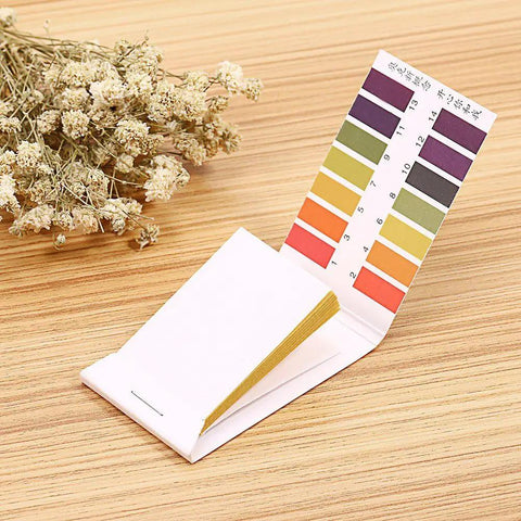 All In One Soil And Water Test Paper Kit with 80 Strips Full Range 1 to 14 Color Cards displayed on wood surface