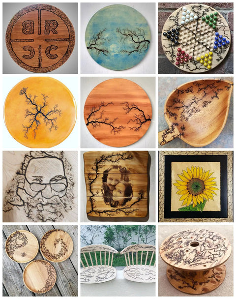 Various art pieces using Lichtenberg Wood Burning Transformer 10kV 30mA Neon Sign Power Supply For Fractal Burning On Real Glass Neon