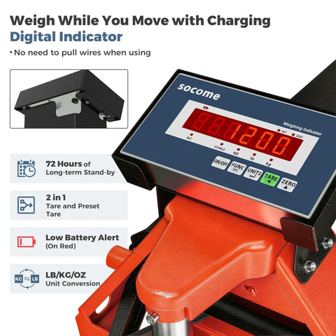 Close-up of digital indicator on a tangerine Pallet Jack Scale With Digital Indicator For Warehouse Use 4400 Lb Capacity With 1 Lb Readout.