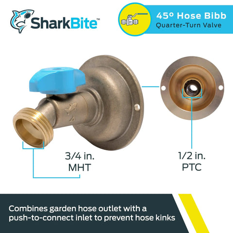 Straight Up Heavy Duty Brass Push To Connect Hose Bibb With Quarter Turn Shut Off Valve And 45 Degree Anti Kink Angle for easy access.