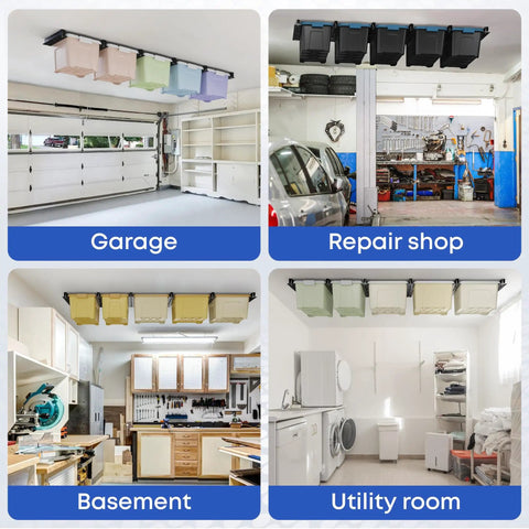 Overhead Garage Storage Rack System For Ceiling Mounted Storage, Heavy Duty Ceiling Rails For 27 Gallon Totes in various rooms