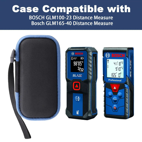 Blue Hard Case For Bosch GLM100-23 And GLM165-40 Distance Measure, Protective EVA Shell Travel Box, Shockproof And Dustproof, Keeps Your Laser Distance Meter Safe And Ready To Roll. Side view with strap