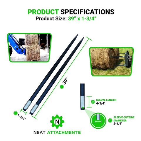 39 Inch Hay Bale Spear With 3000 Lb Capacity Heavy Duty Square Forged Bale Spike, product dimensions and sleeve details