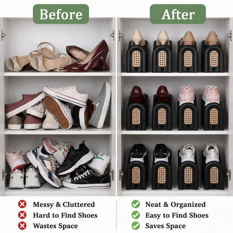 Before and after image of 12 Pack Adjustable Shoe Slot Organizers, Double Layer Closet Stackers in black, showcasing organization.