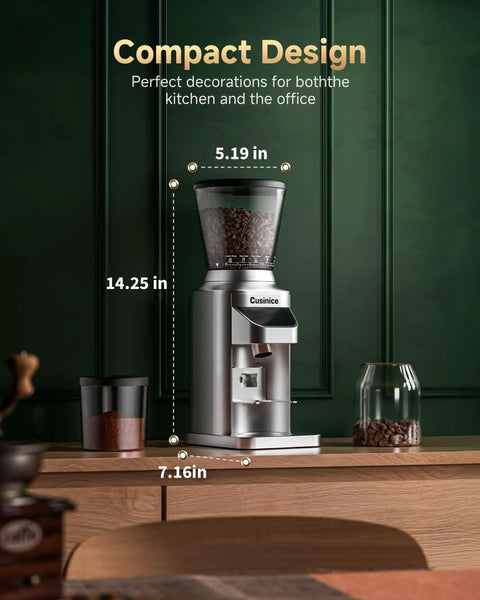 Silver Conical Burr Coffee Grinder For Home Use With 34 Grind Settings, 40mm Stainless Steel Burr, shown with dimensions on countertop.
