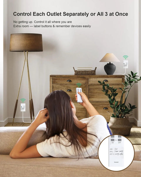 Woman using Remote Control Outlet Kit With 200-Ft Long-Range Wireless Light Switch in a living room setting