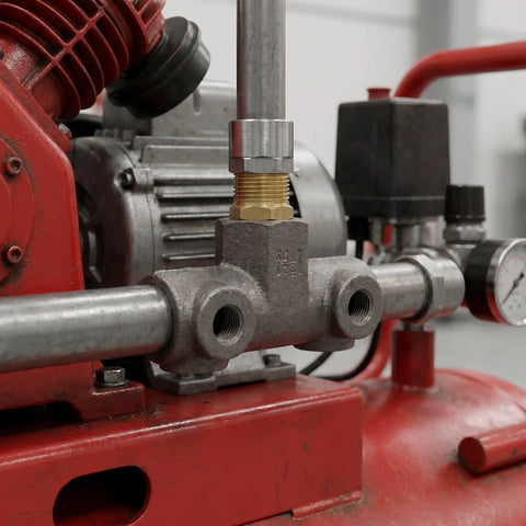 Built Tough Cast Iron Four Way Air Compressor Manifold Fitting With One Half Inch And One Quarter Inch Male Threads, Multi Port Pneumatic Tee