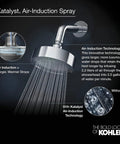 Chromed showerhead demonstrating Katalyst air-induction; larger, warmer water drops with air-infusion technology.