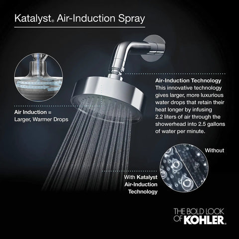 Chromed showerhead demonstrating Katalyst air-induction; larger, warmer water drops with air-infusion technology.