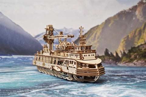 Research Vessel 3D Wooden Puzzle Kit For Adults, Mechanical Ship Model With Bathyscaphe, Motorboat, Lifeboat, Swing Jib Crane, And Three Navigation Modes - Brain Teaser Hobby Set For Home Decor And Hands-On STEM Fun; wooden ship on water