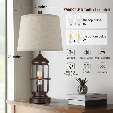 23 Inch Rustic Industrial Table Lamps Set Of 2 With USB A And C Ports featuring night light and touch control on a wooden table