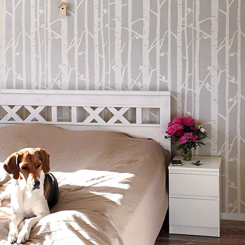 Bedroom wall with white birch forest pattern using Birch Forest Wall Stencil XL 24x37 In For Large Pattern Painting, Tree Stencil Set.