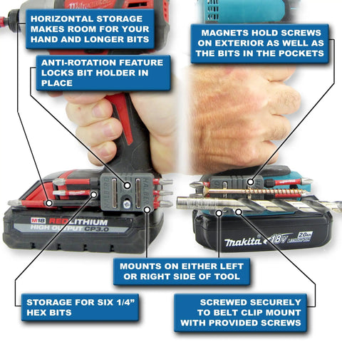 Universal Magnetic Bit Holder Two Pack For Drill Pros That Clamps To Belt Clip Or Screw And Lets You Mount Left Or Right Side Keeps Up To Five One Quarter Inch Bits On A Strong Neodymium Magnet Compatible With Milwaukee DeWalt Makita Bosch Ryobi shown mounted on drills.